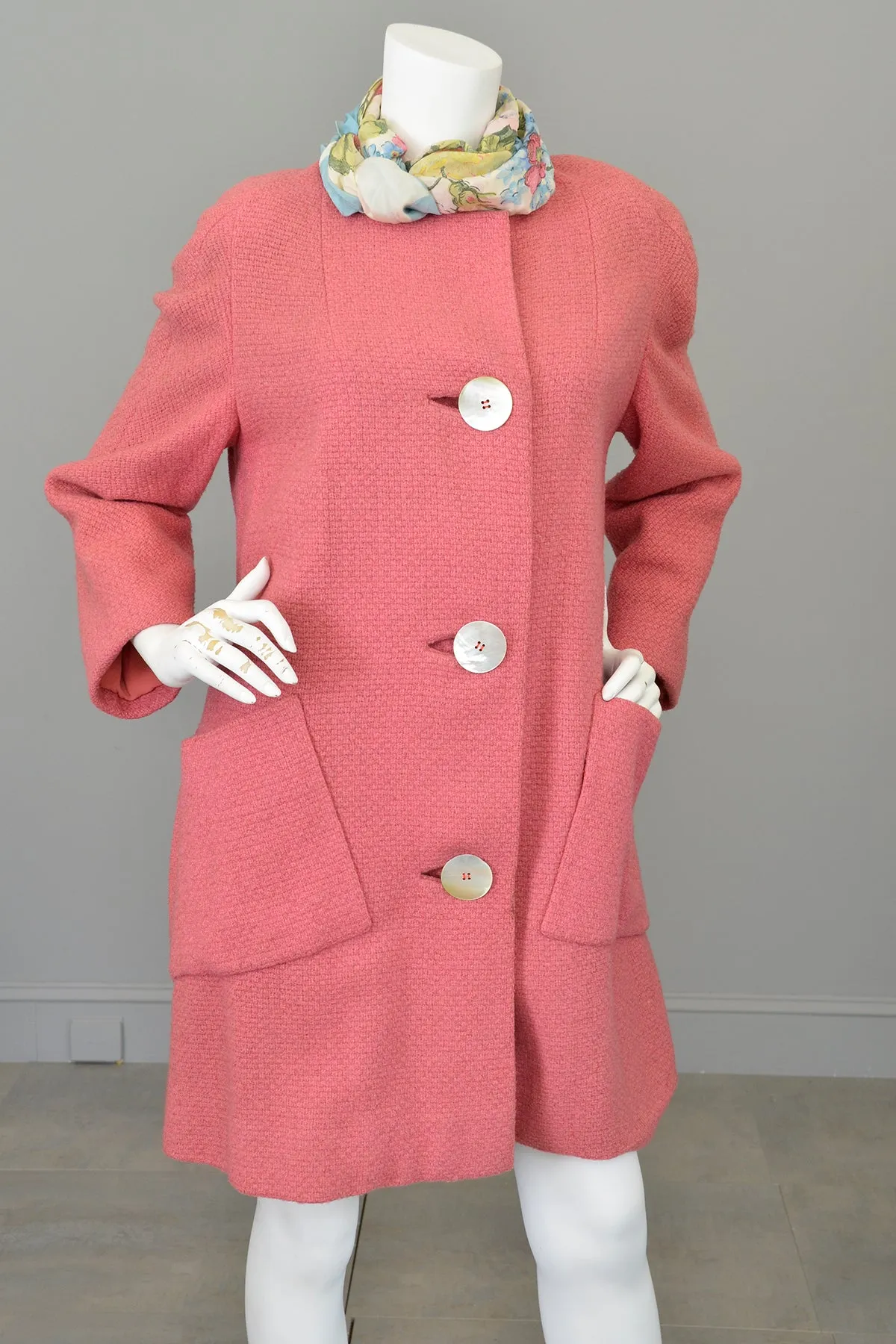 1950s Pink Bouclé Patch Pockets Coat