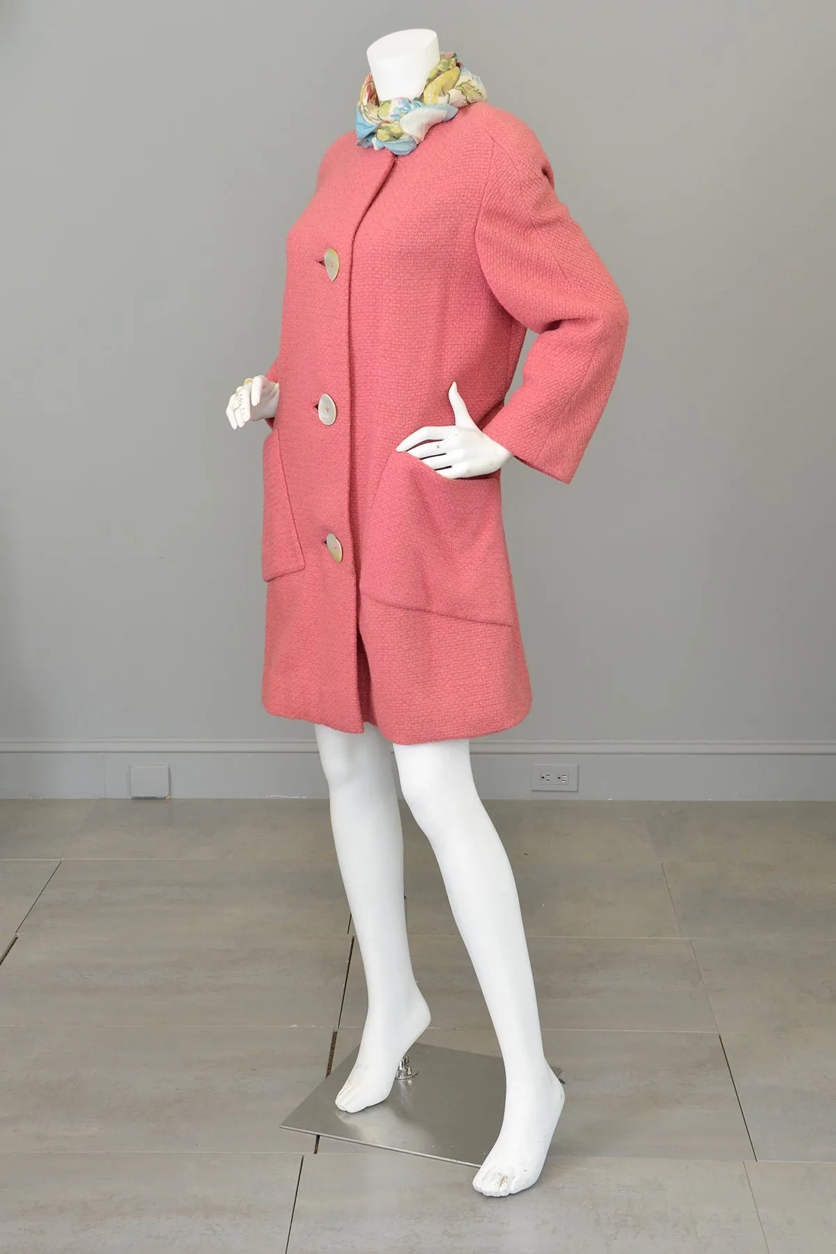 1950s Pink Bouclé Patch Pockets Coat