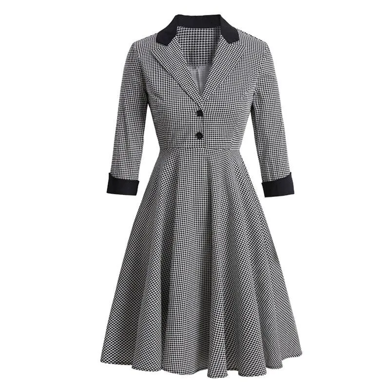 2021 Notched Collar Button Up High Waist Vintage Robe Women Pinup Autumn Dress Houndstooth Elegant Female A-Line Dresses