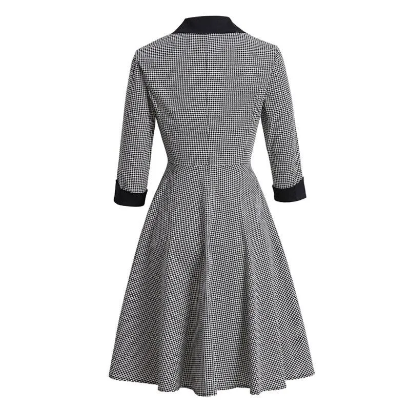 2021 Notched Collar Button Up High Waist Vintage Robe Women Pinup Autumn Dress Houndstooth Elegant Female A-Line Dresses