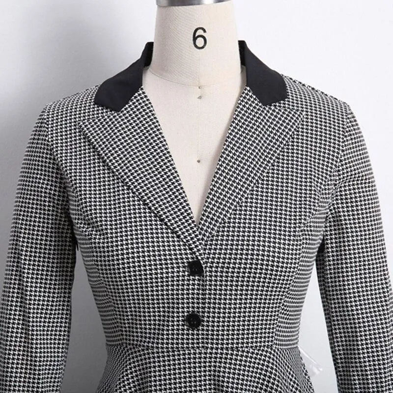 2021 Notched Collar Button Up High Waist Vintage Robe Women Pinup Autumn Dress Houndstooth Elegant Female A-Line Dresses