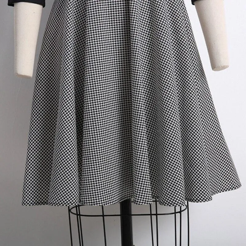 2021 Notched Collar Button Up High Waist Vintage Robe Women Pinup Autumn Dress Houndstooth Elegant Female A-Line Dresses