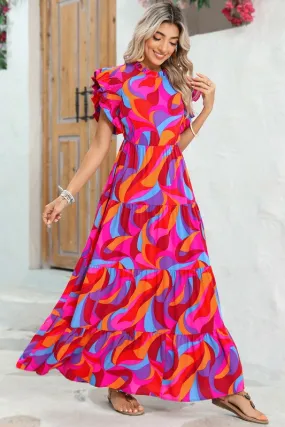 Abstract Print High Waist Ruffle Tiered Maxi Dress