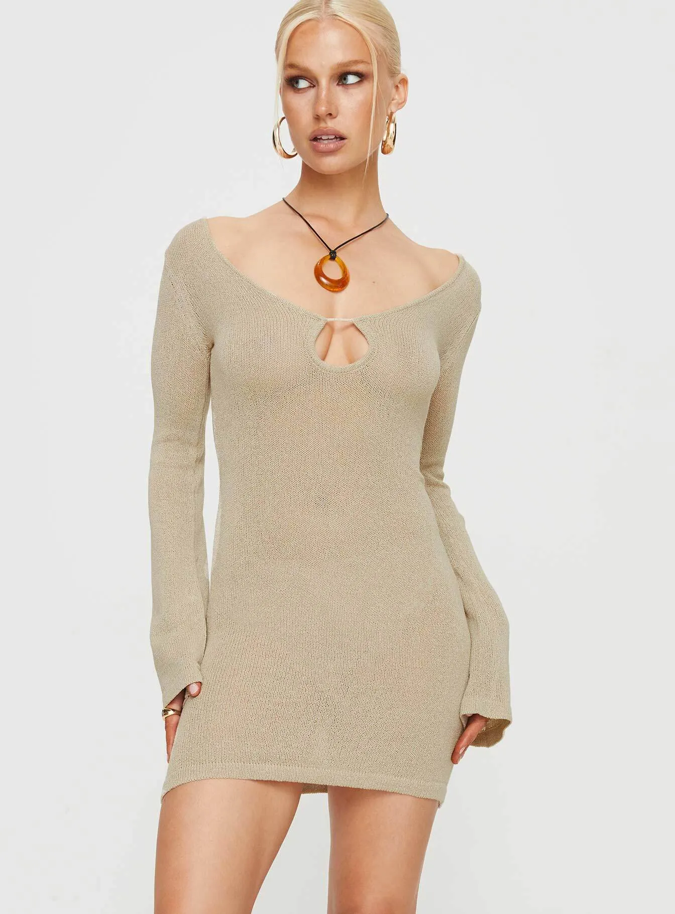 Balart Long Sleeve Mini Dress Beige