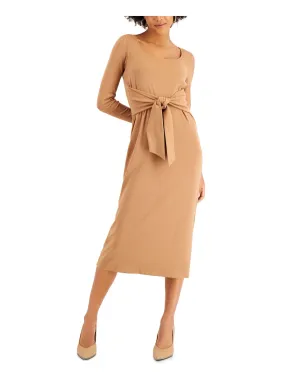 BAR III DRESSES Womens Brown Ribbed Slitted Tie Waist Long Sleeve Square Neck Midi Sheath Dress