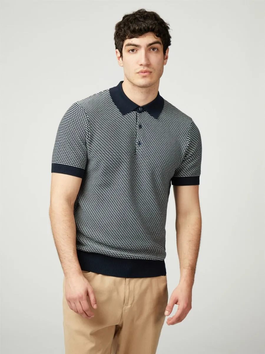 Ben Sherman Bicoloured Textured Knitted Polo Shirt Dark Navy