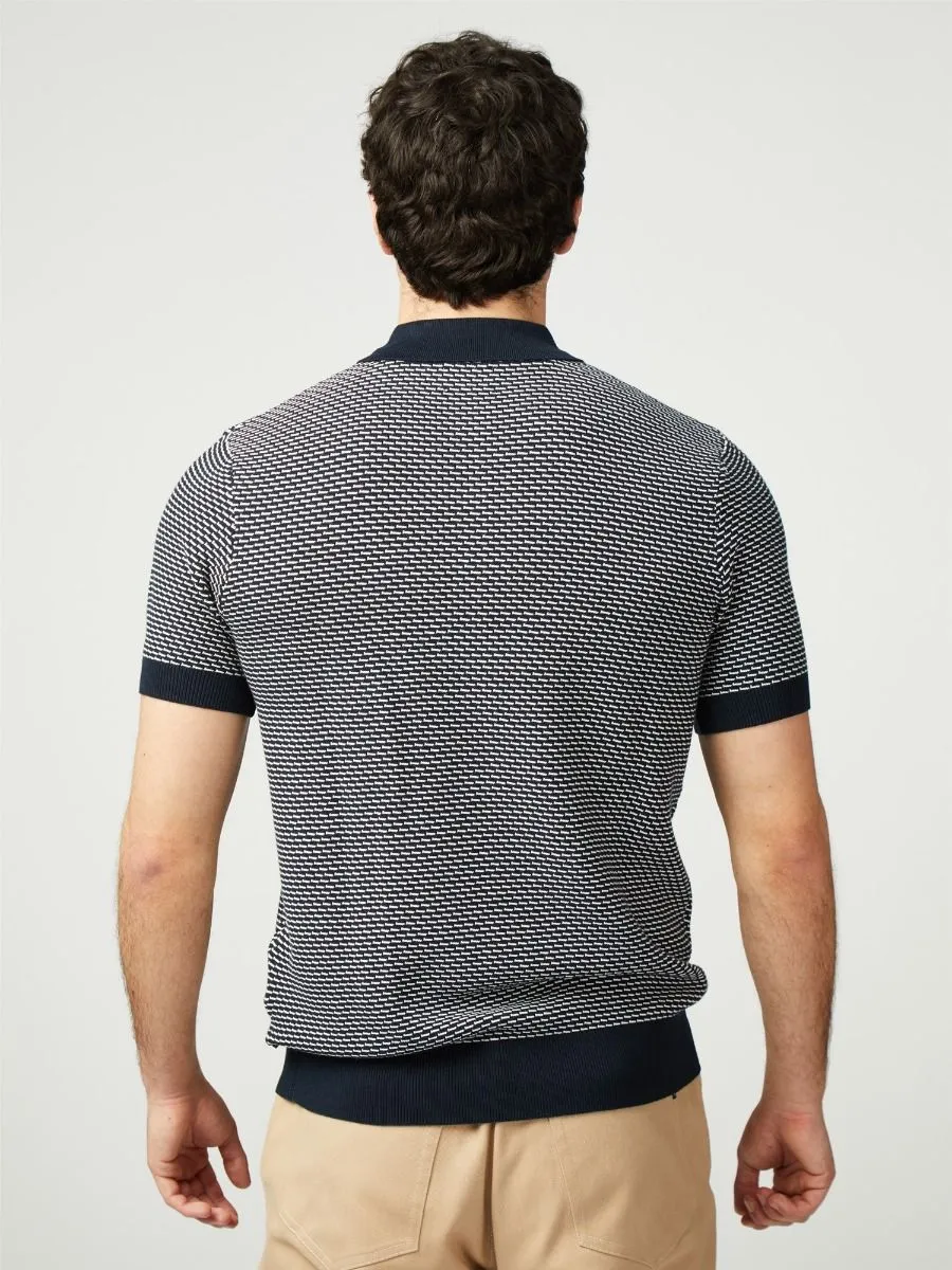 Ben Sherman Bicoloured Textured Knitted Polo Shirt Dark Navy