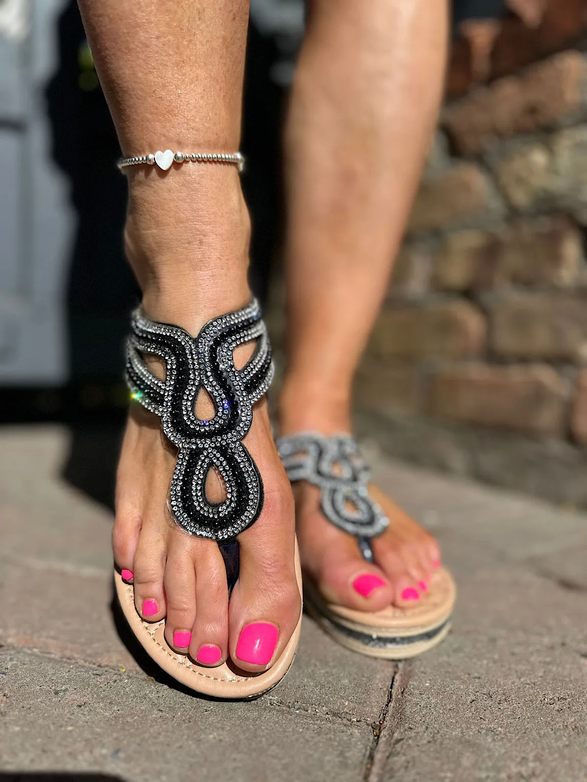 Black Double Loop Pearl Sandals