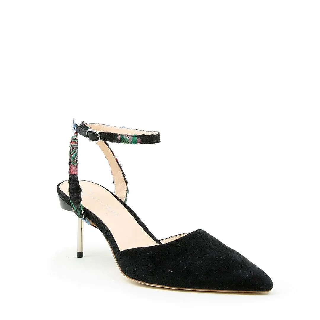 Black Suede Stiletto + Black Floral Marilyn Strap