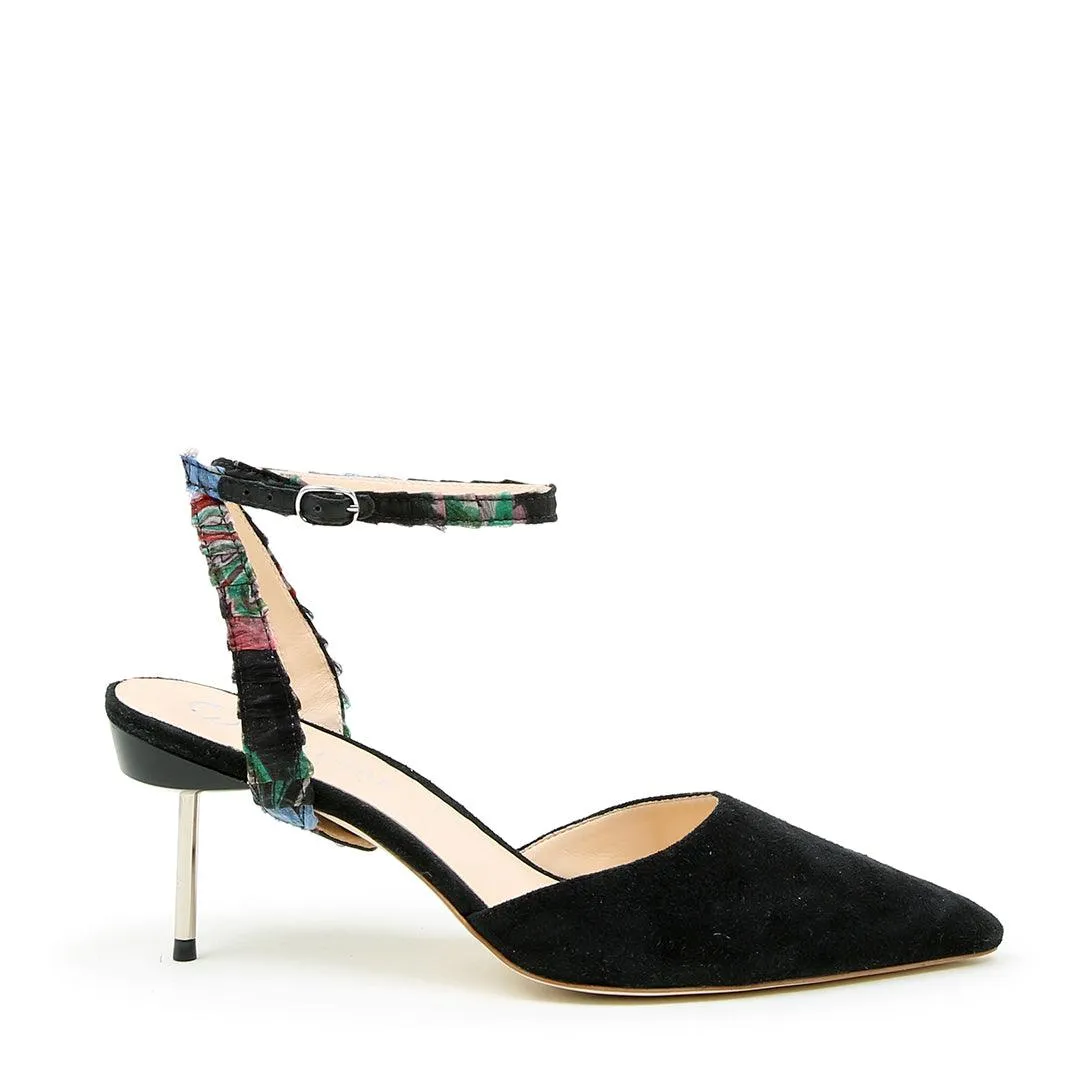 Black Suede Stiletto + Black Floral Marilyn Strap