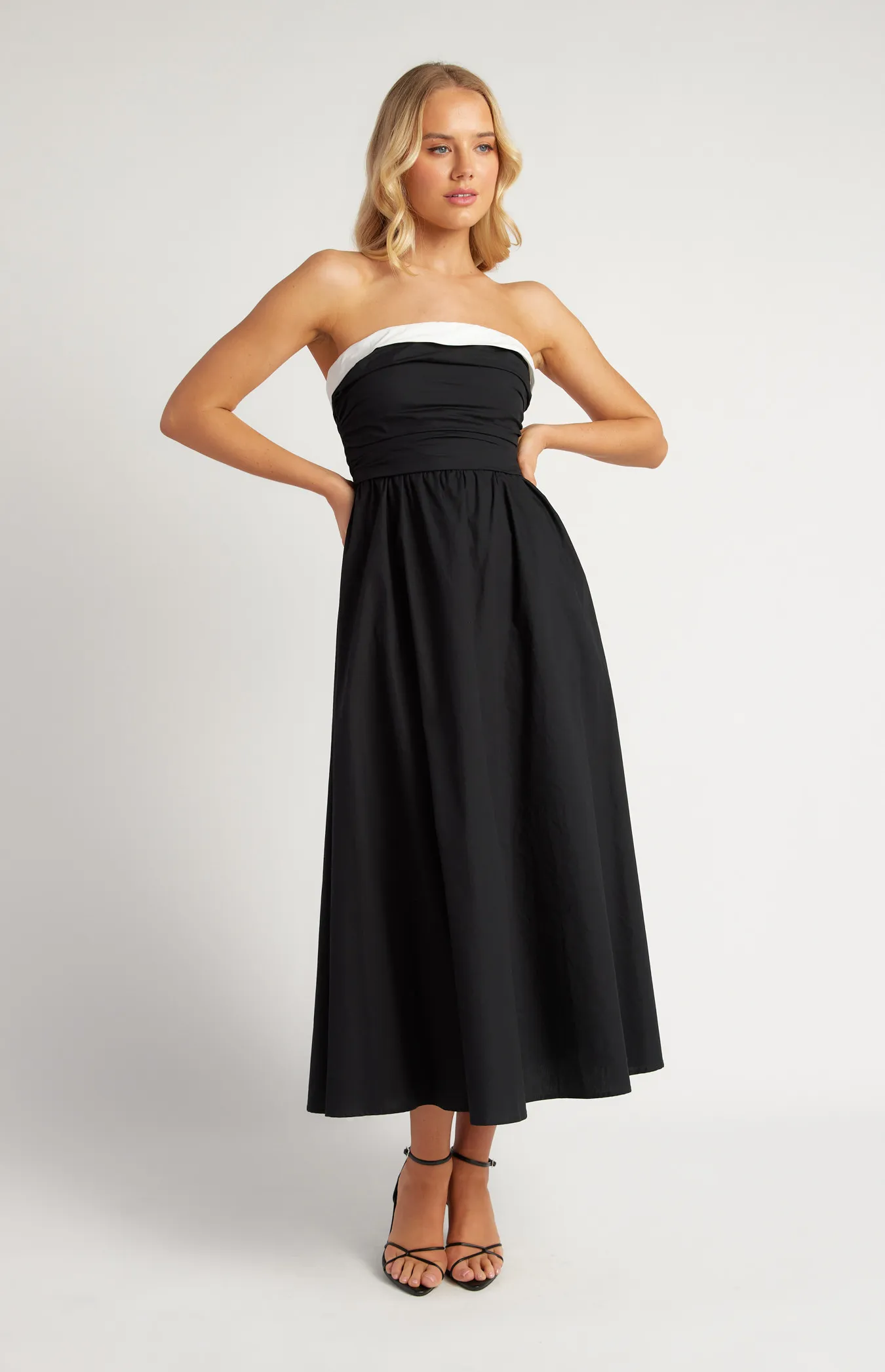 Cotton Contrast Neckline Ruched Bodice Midi Dress (SDR1627B)