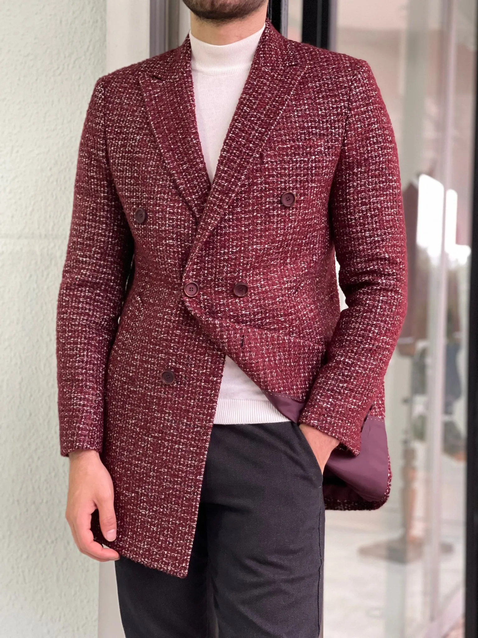 Davis Claret Red Patterned Wool Coat