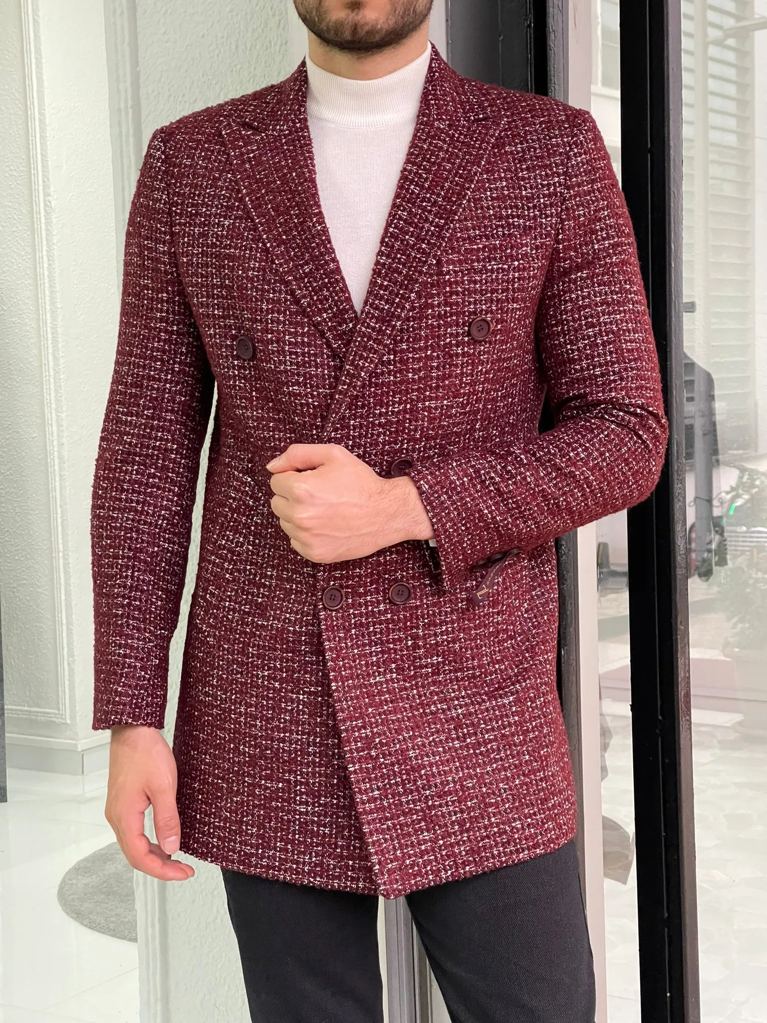 Davis Claret Red Patterned Wool Coat