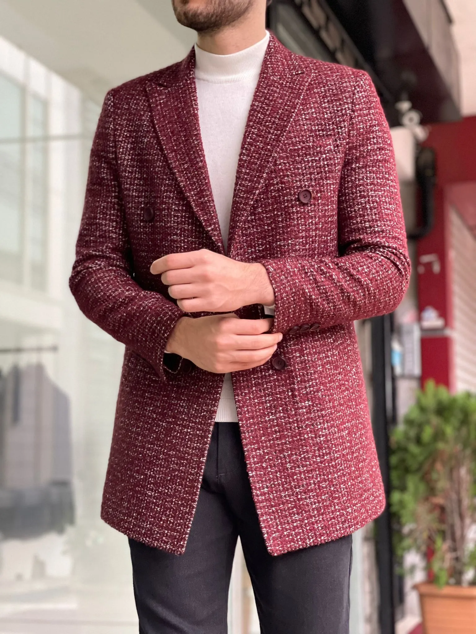 Davis Claret Red Patterned Wool Coat