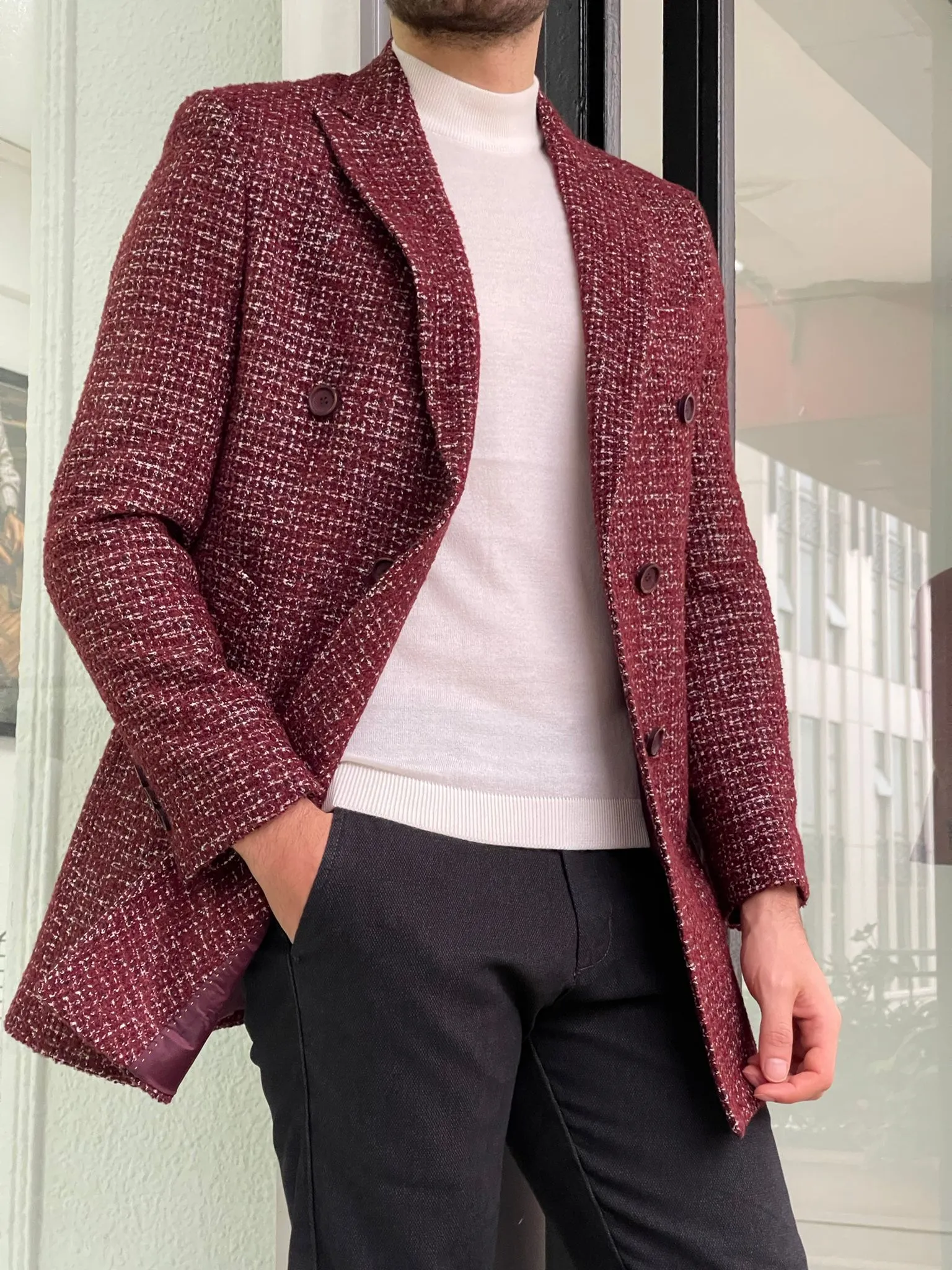 Davis Claret Red Patterned Wool Coat