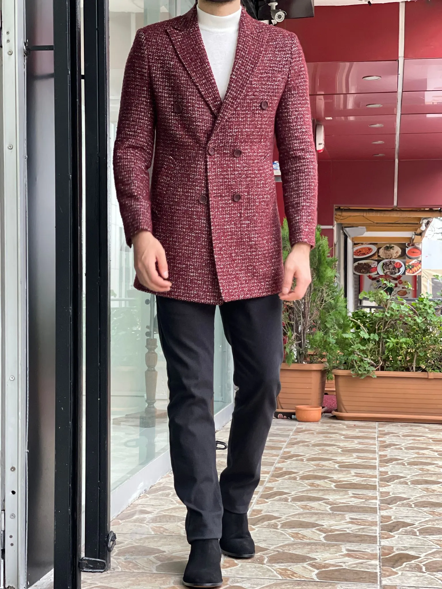 Davis Claret Red Patterned Wool Coat