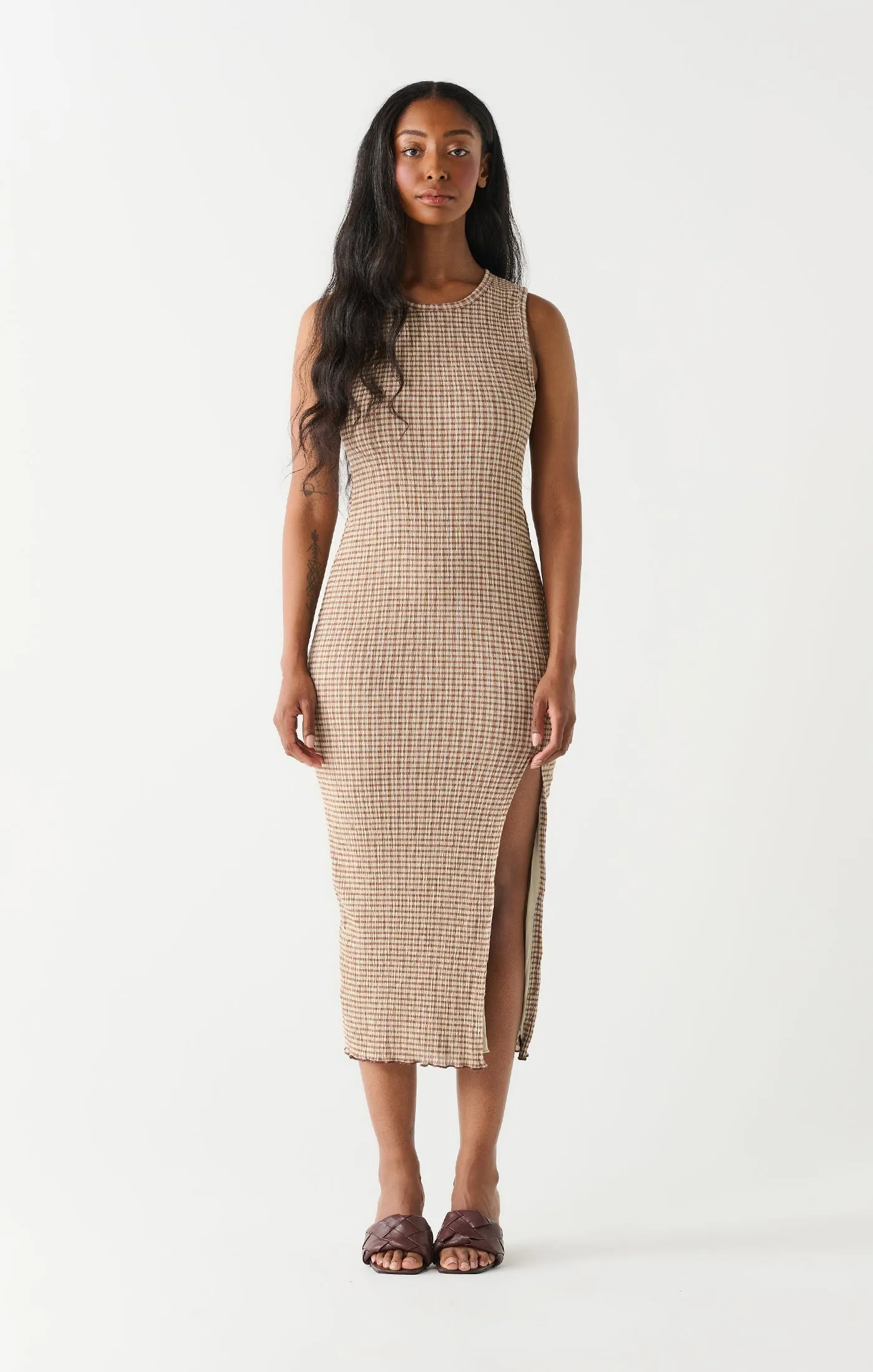 Dex Side Slit Midi Dress In Neutral Check