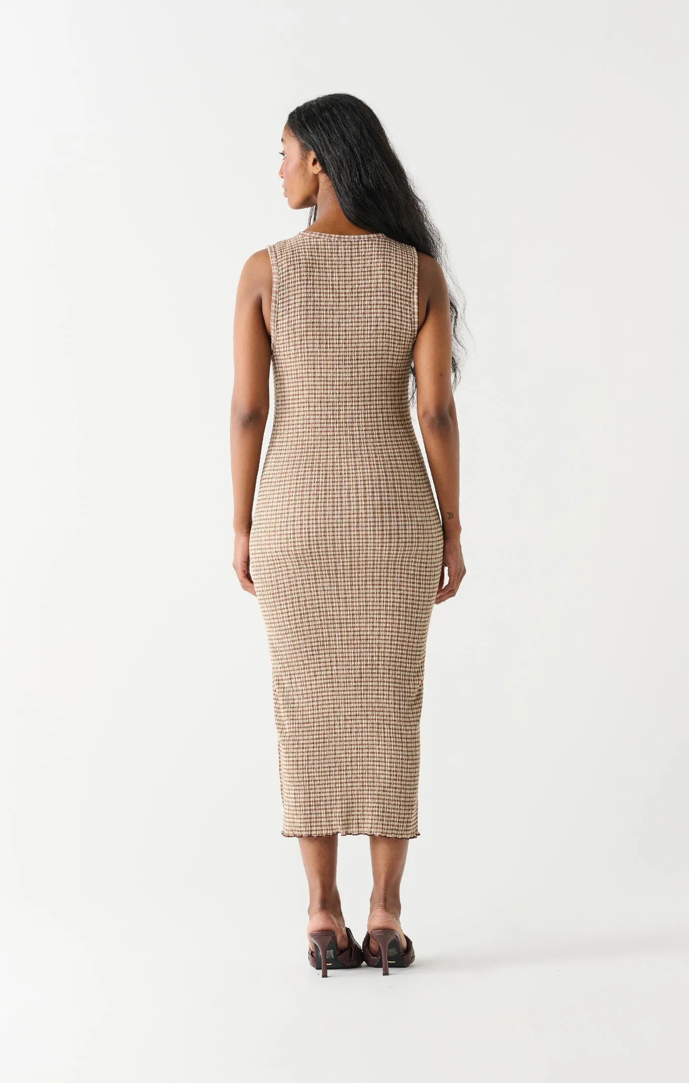 Dex Side Slit Midi Dress In Neutral Check