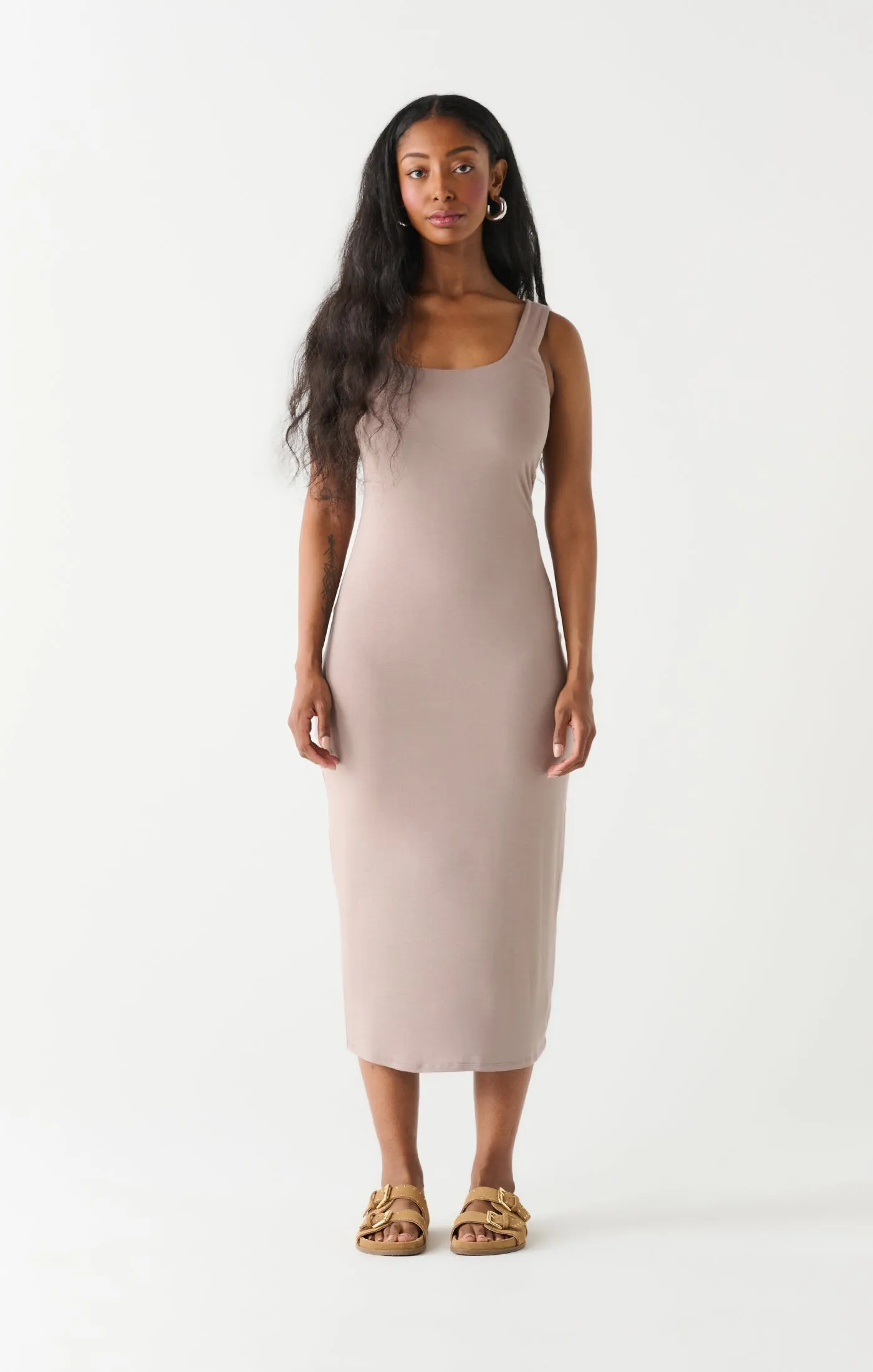 Dex Square Neck Tank Midi Dress In Stone