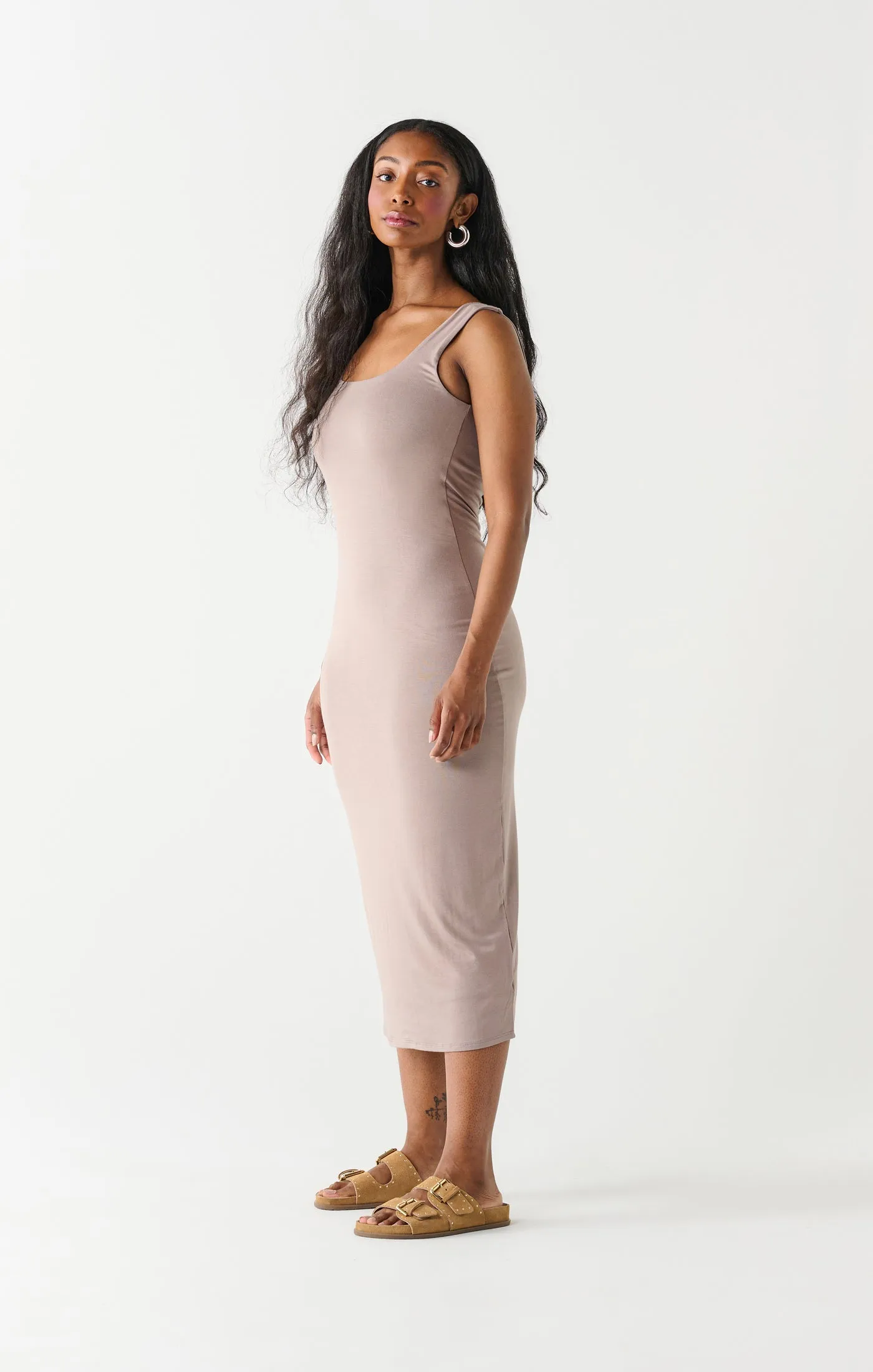 Dex Square Neck Tank Midi Dress In Stone