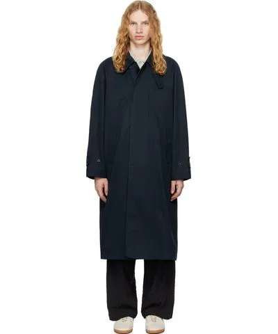 DOCUMENT Navy Ventile Cotton Inverted Pleats Balmacaan Coat