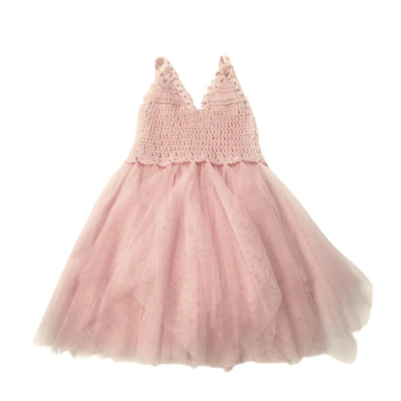 DOLLY by Le Petit Tom  CROCHET TUTU DRESS V-NECK ballet pink