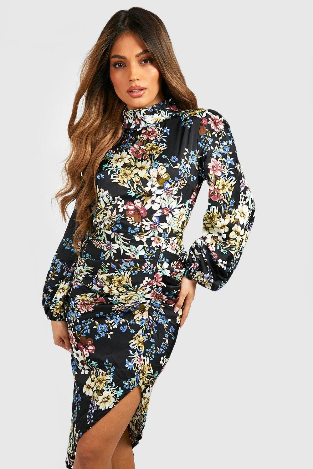 Dresses | Floral Print High Neck Ruched Midi Dress | boohoo