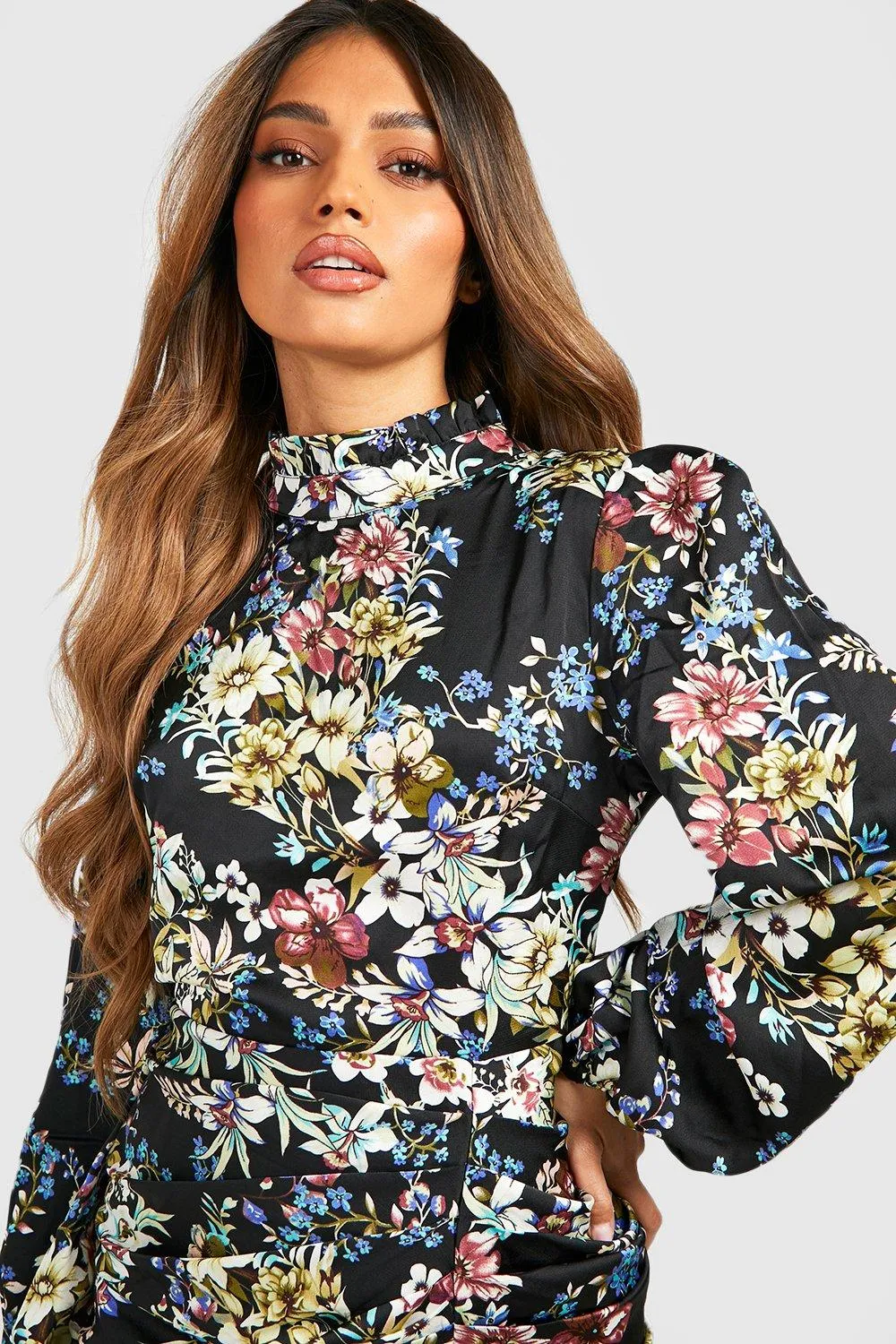 Dresses | Floral Print High Neck Ruched Midi Dress | boohoo