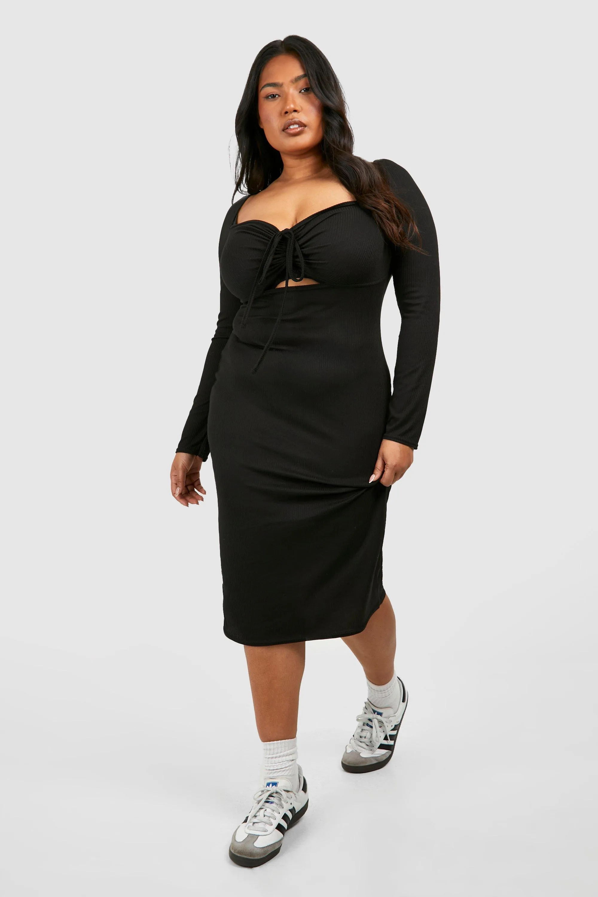 Dresses | Plus Soft Rib Ruched Tie Neck Dress | boohoo