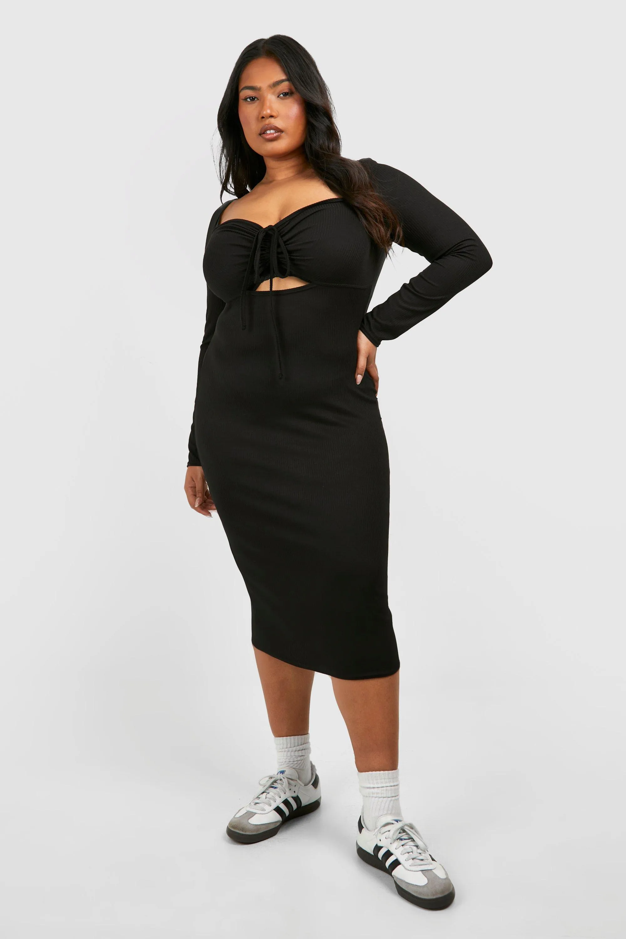 Dresses | Plus Soft Rib Ruched Tie Neck Dress | boohoo