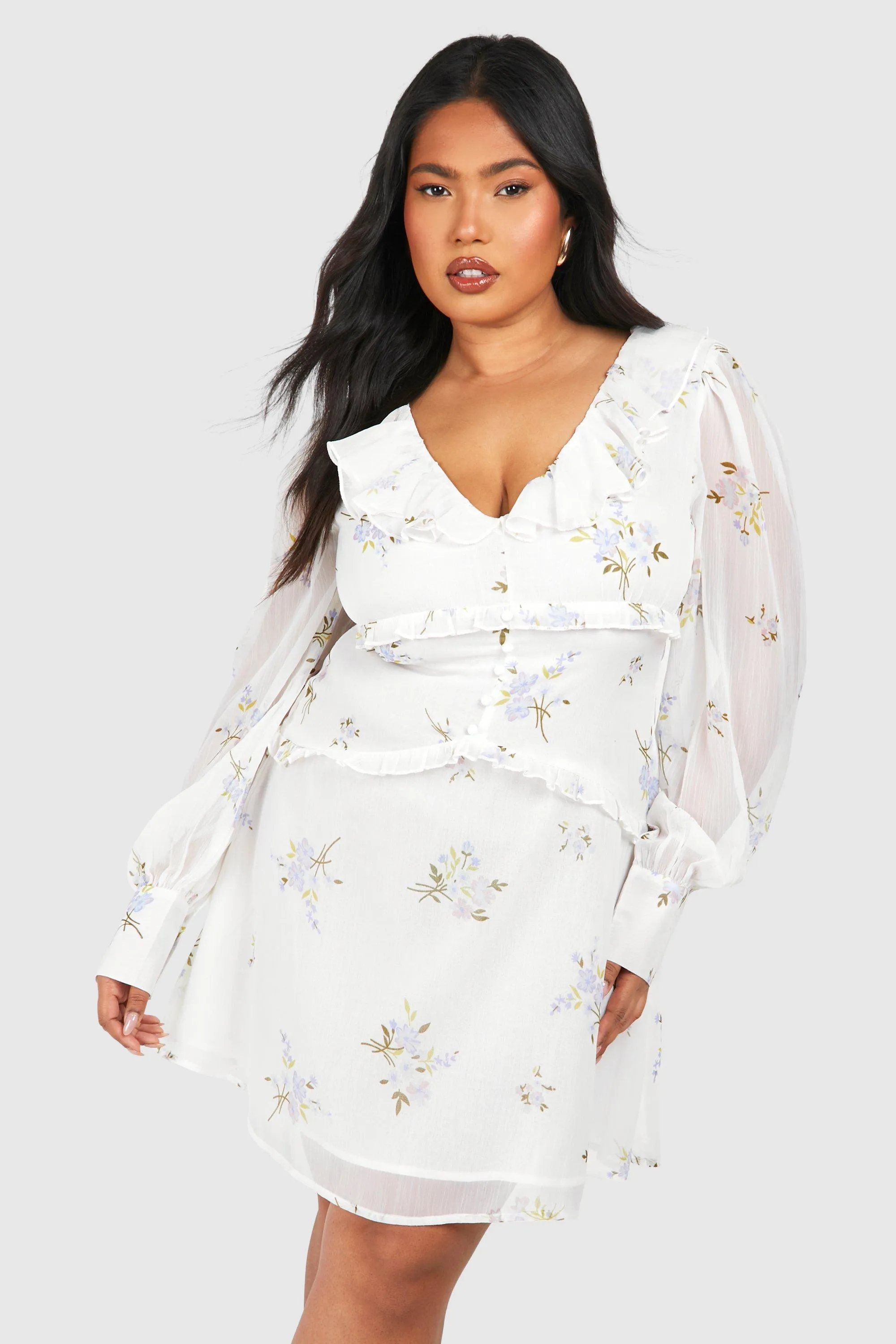 Dresses | Plus Woven Floral Print Ruffle Detail Long Sleeve Mini Dress | boohoo