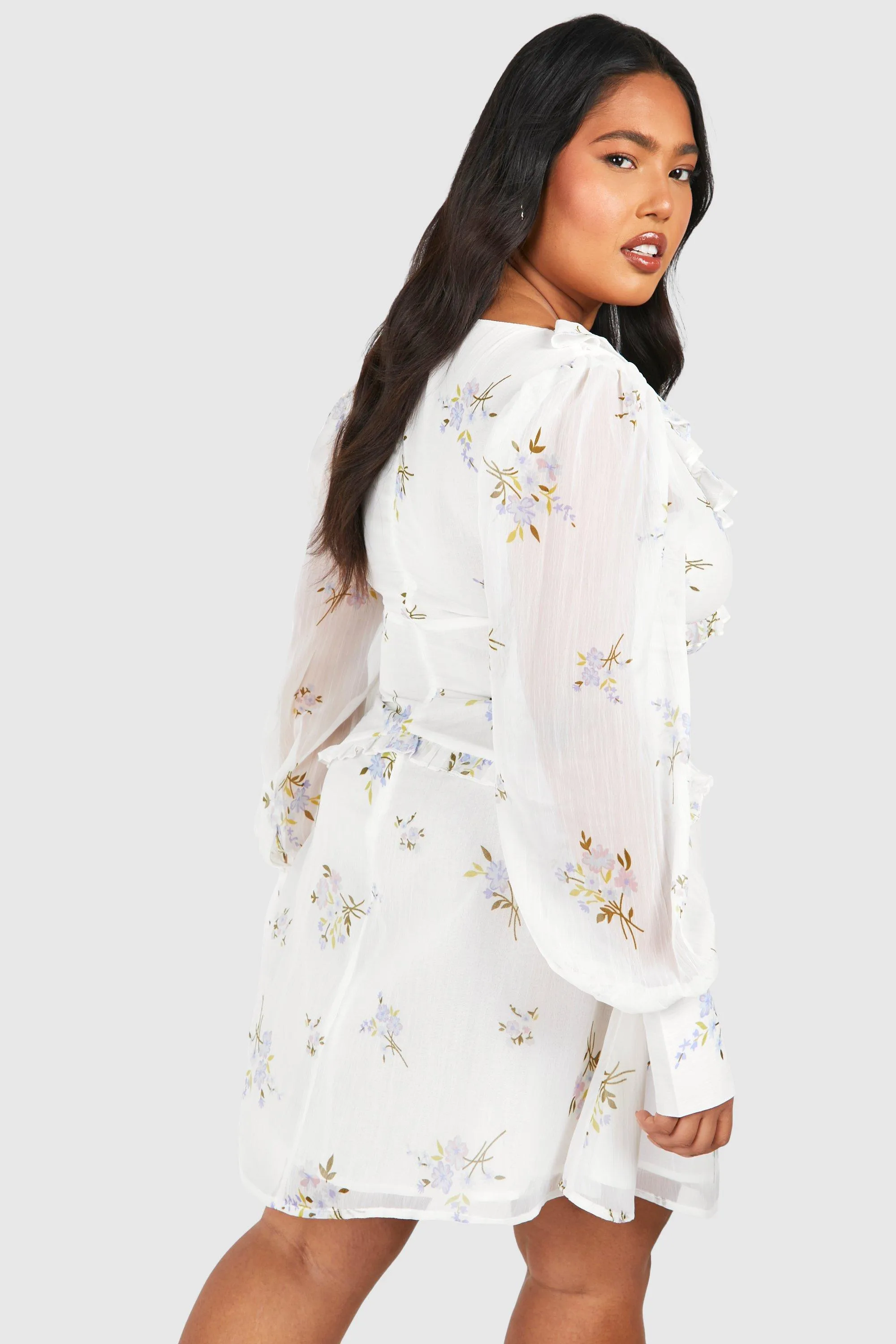 Dresses | Plus Woven Floral Print Ruffle Detail Long Sleeve Mini Dress | boohoo