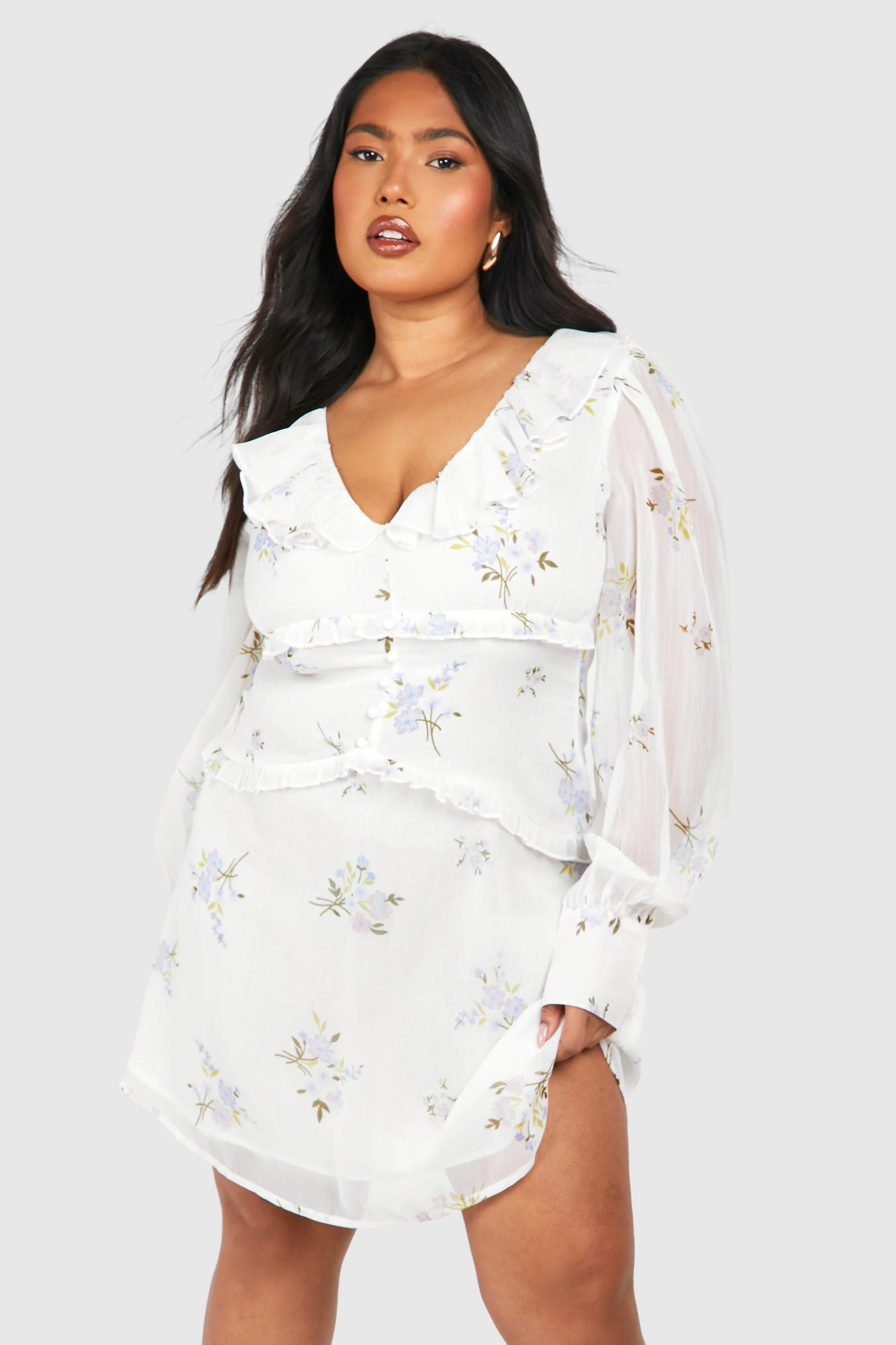 Dresses | Plus Woven Floral Print Ruffle Detail Long Sleeve Mini Dress | boohoo