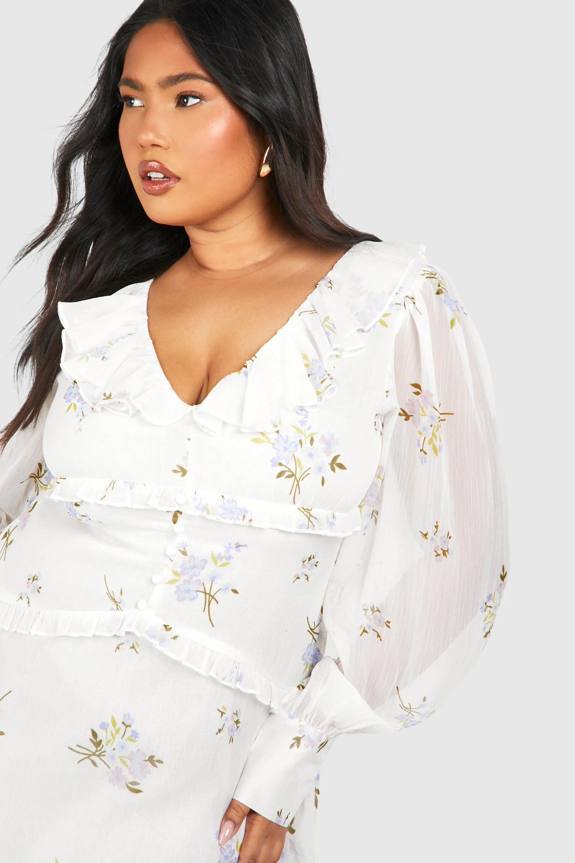 Dresses | Plus Woven Floral Print Ruffle Detail Long Sleeve Mini Dress | boohoo