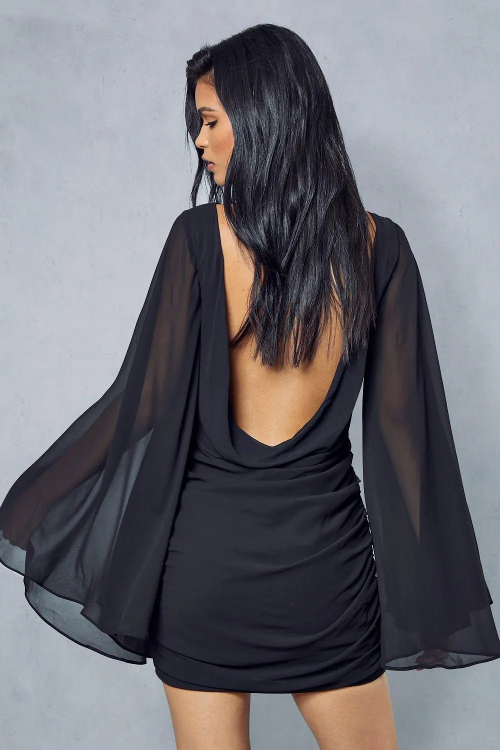 Dresses | Premium Chiffon Draped Cowl Back Flare Sleeve Mini Dress | MissPap