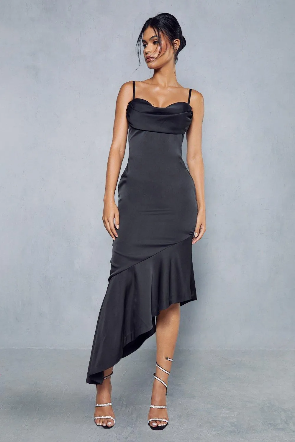 Dresses | Premium Satin Draped Bust Frill Hem Midi Dress | MissPap