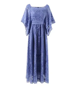 Flared Sleeve Crochet Knitted Long Dress In Purple