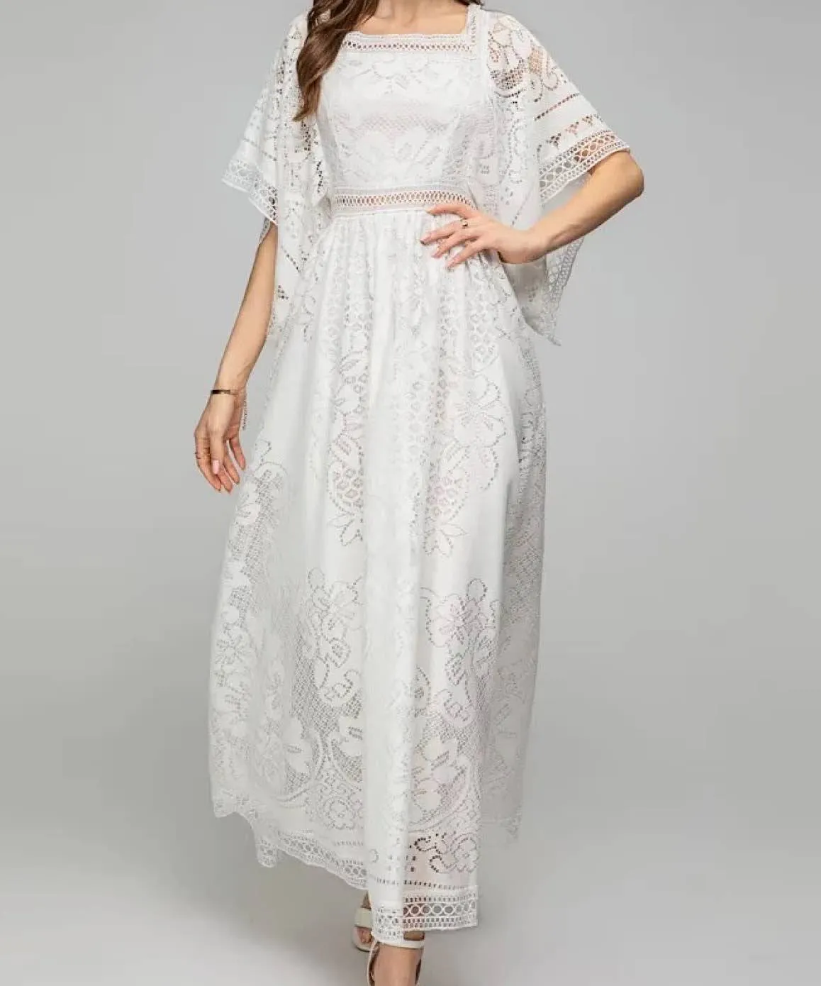 Flared Sleeve Crochet Knitted Long Dress In White