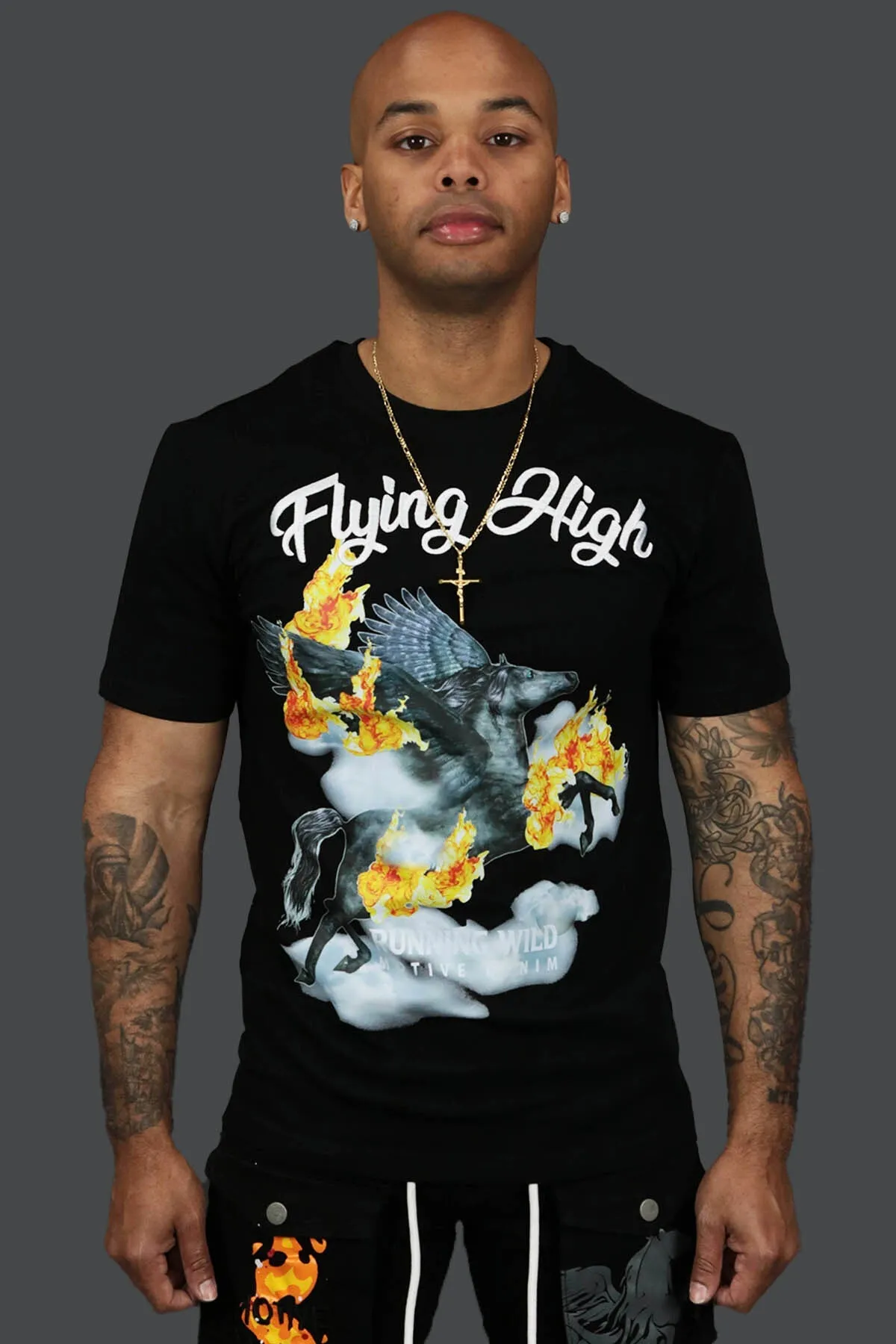 Fly High Custom Hype Beast Streetwear T-Shirt Motive Denim | Black |