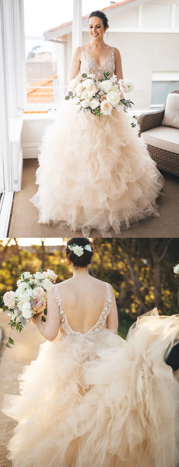 Gorgeous Lace V-neck Ruffles Tulle Ball Gown Wedding Dresses,DB0163