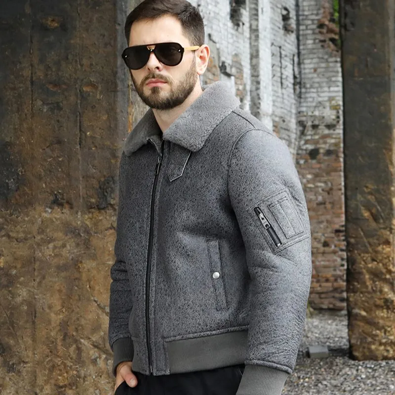 Grey Fur Wolf Collar Shearling Leather Coat