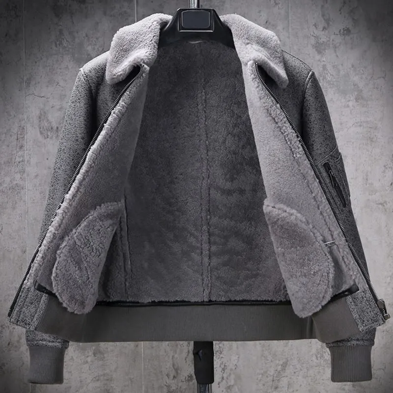 Grey Fur Wolf Collar Shearling Leather Coat