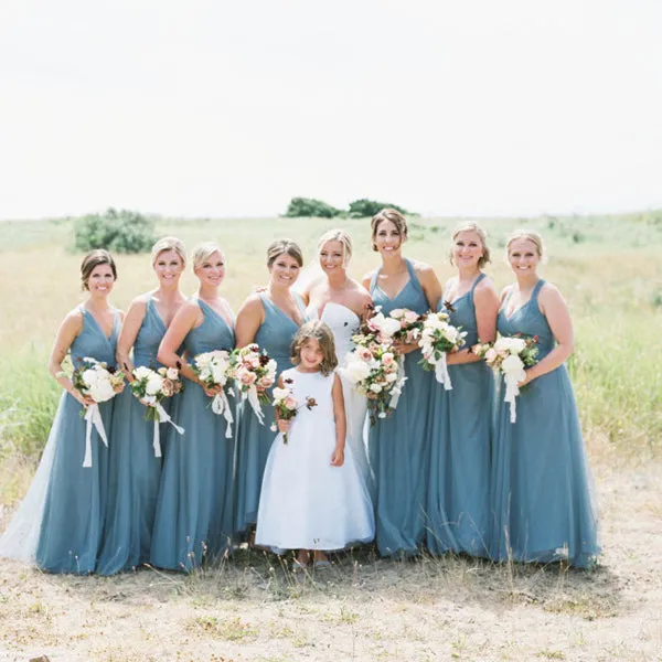 Jade Tulle V-neck Sleeveless Open Back Mismatched Long Bridesmaid Dresses, WG19