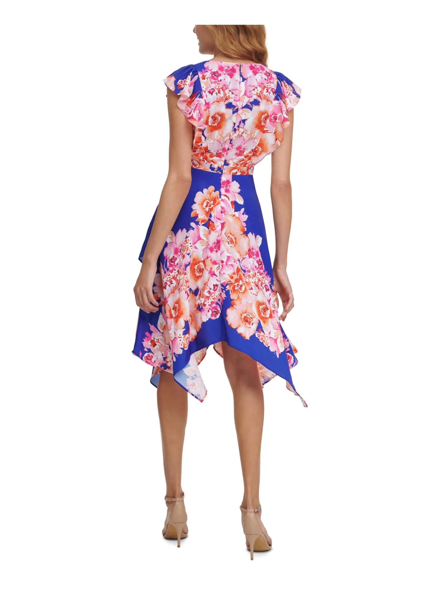 KENSIE DRESSES Womens Blue Zippered Ruffled Asymmetrical-hem Floral Flutter Sleeve V Neck Midi Party Fit + Flare Dress