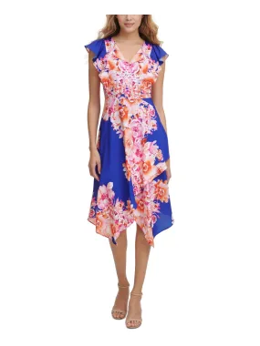 KENSIE DRESSES Womens Blue Zippered Ruffled Asymmetrical-hem Floral Flutter Sleeve V Neck Midi Party Fit + Flare Dress