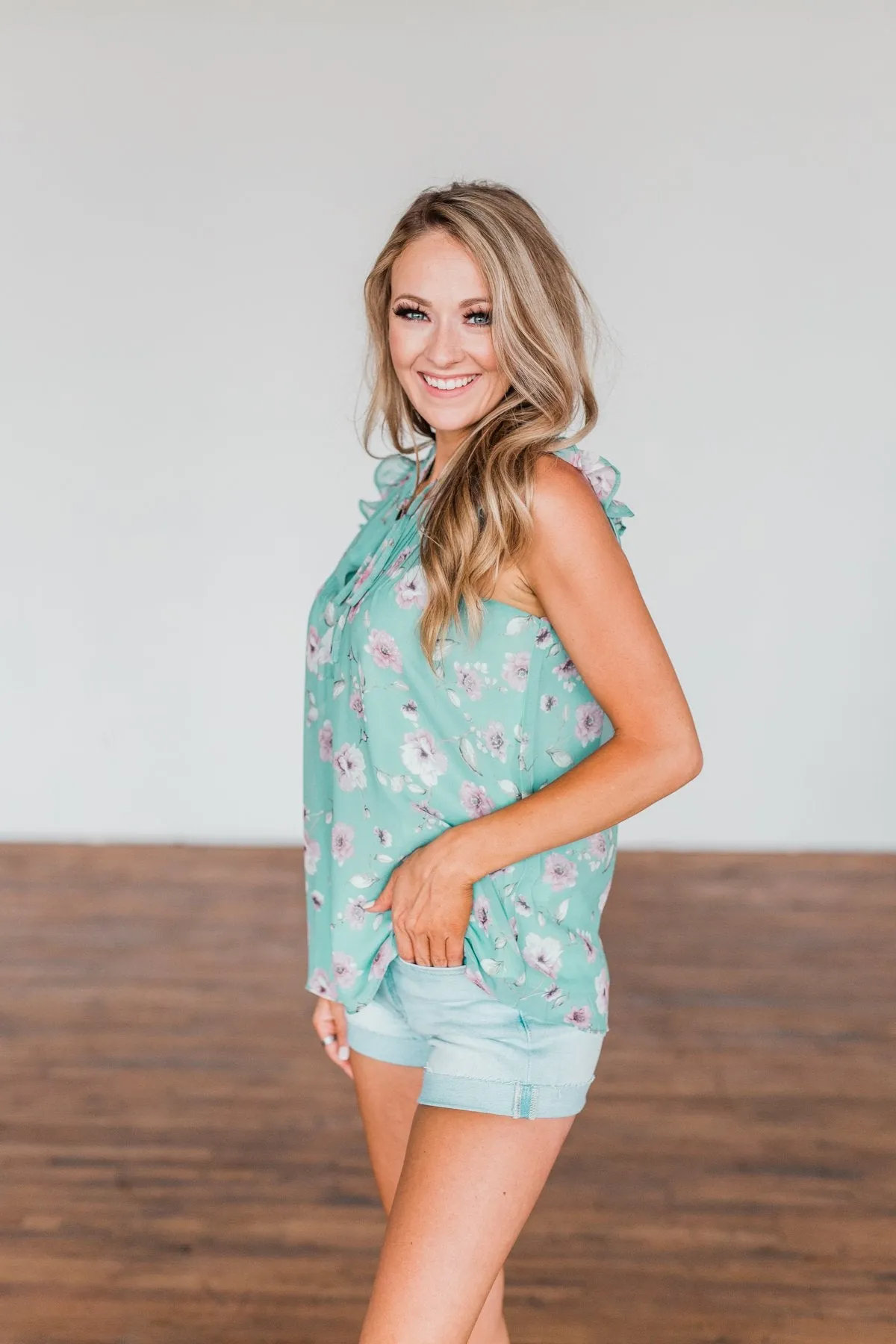 Lead My Heart Home Floral Ruffle Blouse- Soft Teal