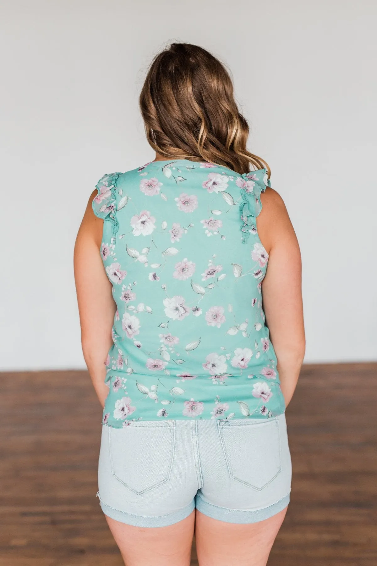 Lead My Heart Home Floral Ruffle Blouse- Soft Teal