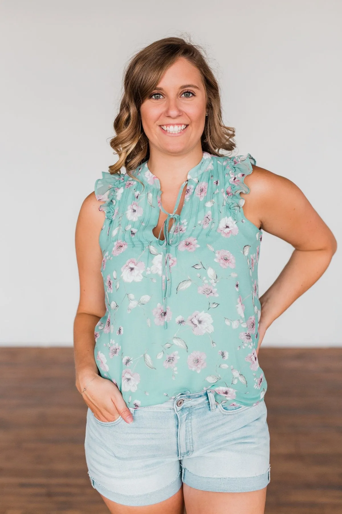 Lead My Heart Home Floral Ruffle Blouse- Soft Teal