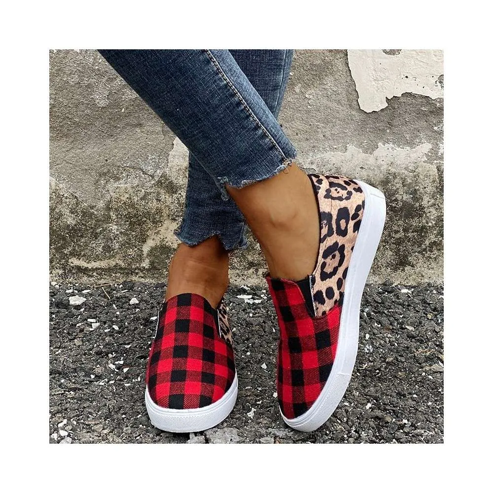 Leopard Red Plaid Slip On Shoes Sneaker