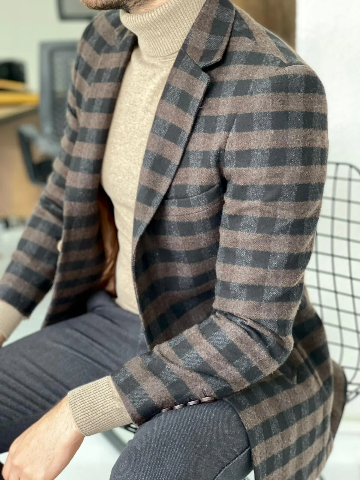 Melbourne Brown Slim Fit Plaid Wool Long Coat